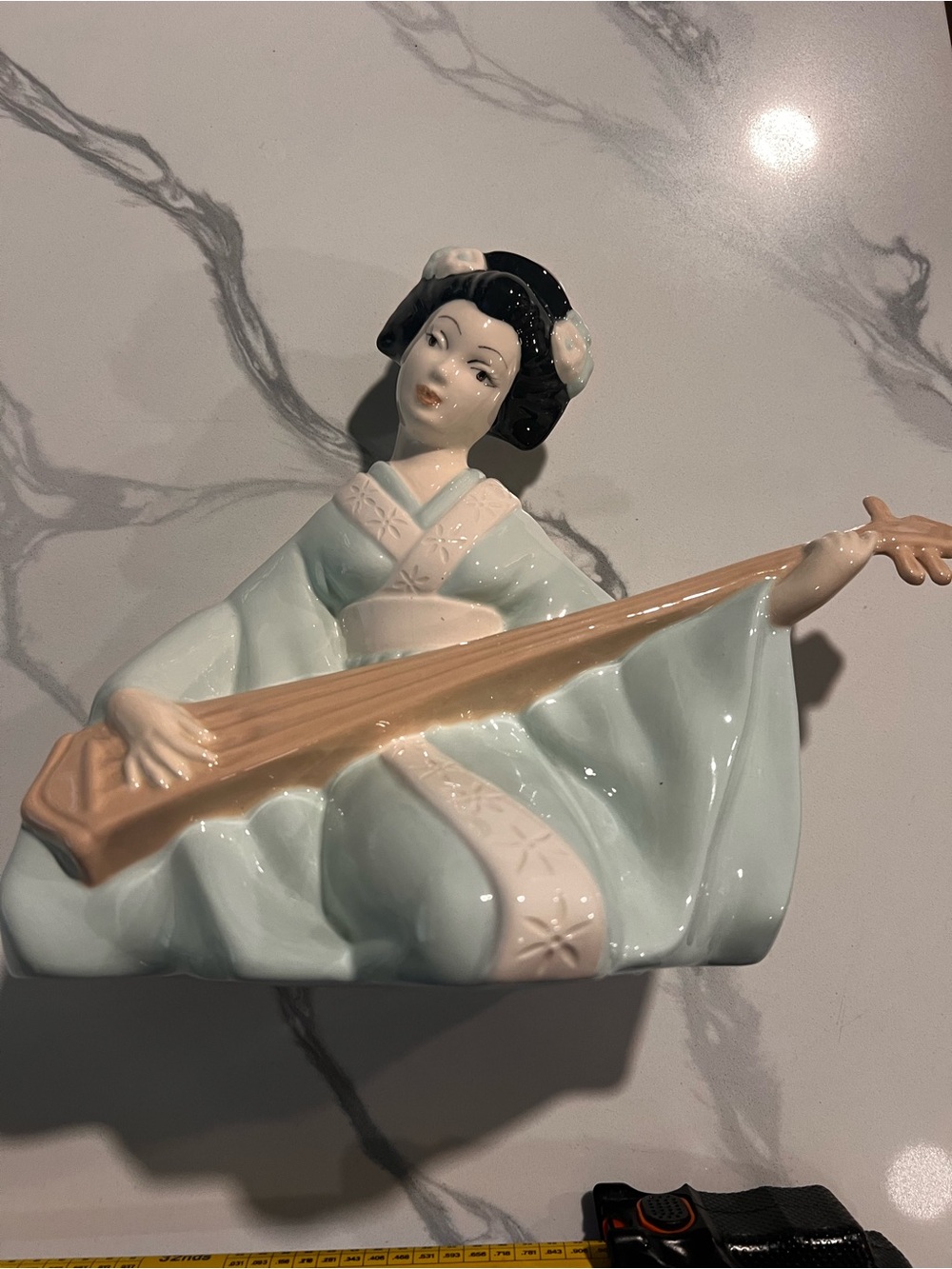 Porcelain Geisha Musician Figurine in Pale Blue by